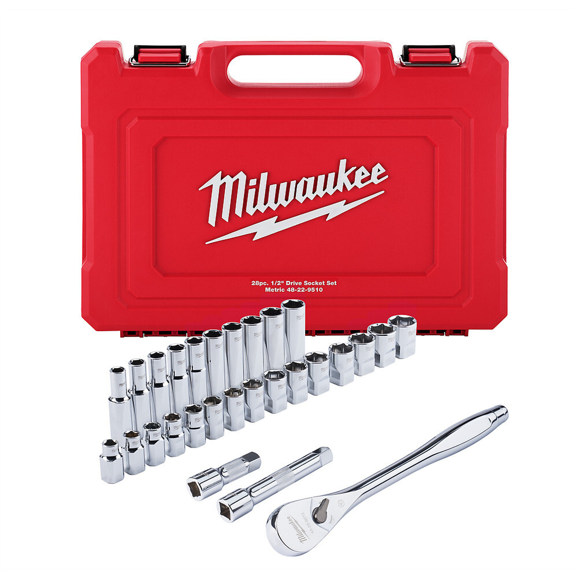 Milwaukee 1/2in. Drive Ratchet and Socket Set, 28-Pc., Metric, Model# 48-22-9510